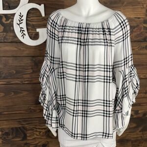 Fever | Off Shoulder Plaid Blouse‎ Ruffle Bell Sleeve Ruffle Trim
